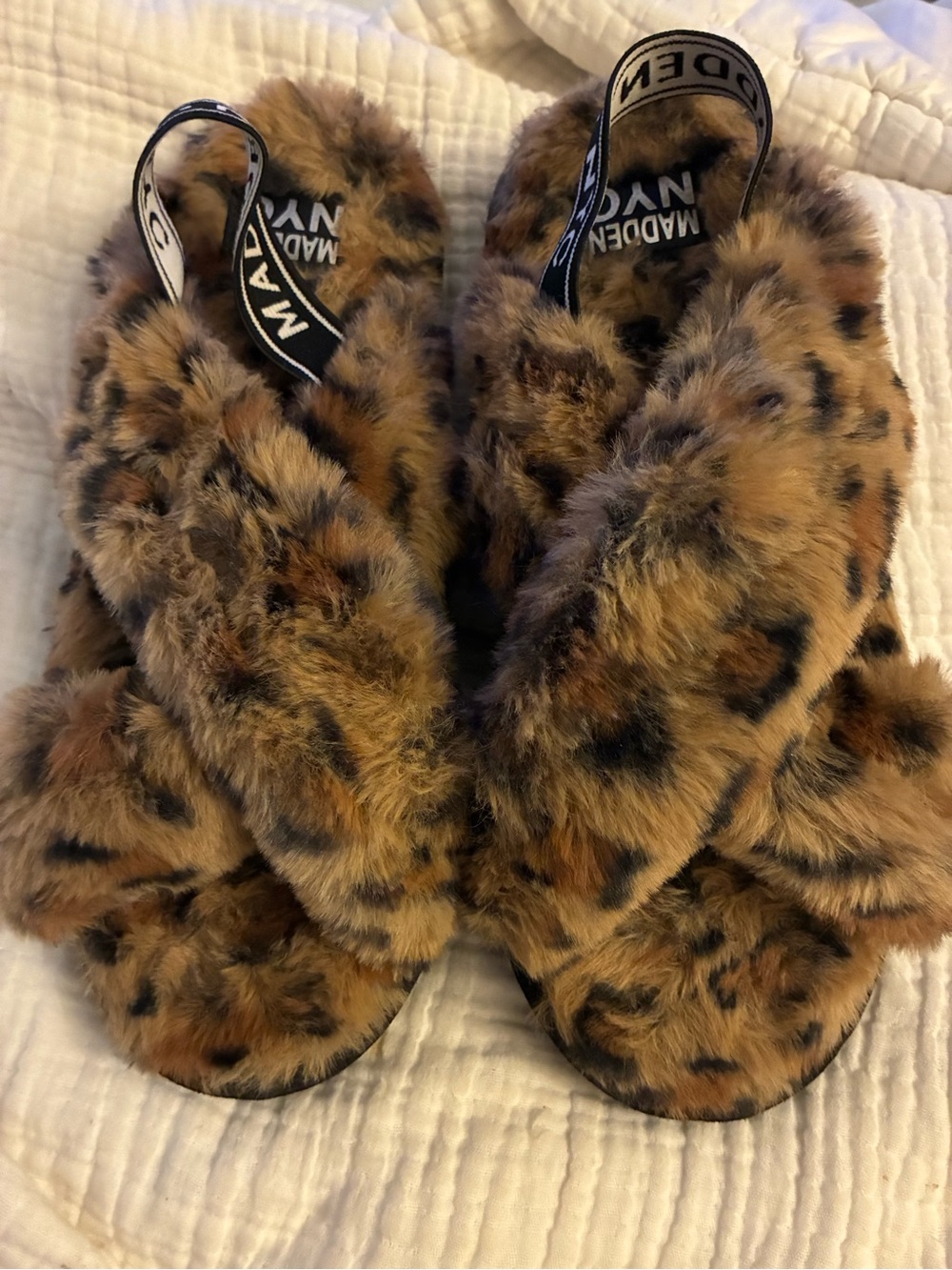 New Madden Girl Leopard Faux Fur Slide Slippers - Brown/Black